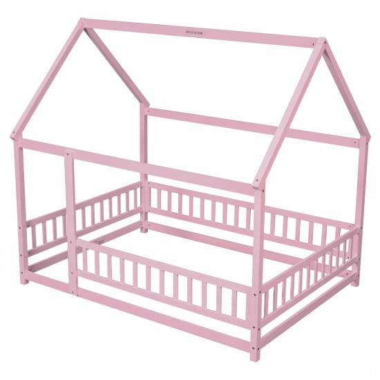 Full Size Floor Wooden Bed with House Roof Frame, Fence Guardrails ,Pink