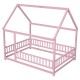 Full Size Floor Wooden Bed with House Roof Frame, Fence Guardrails ,Pink