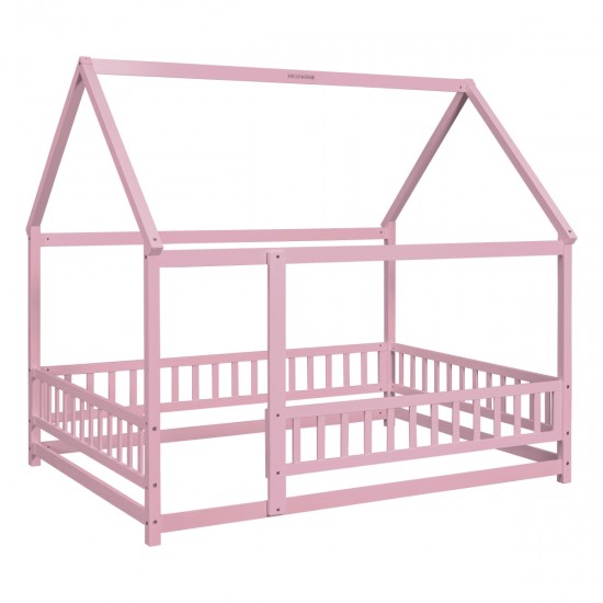 Full Size Floor Wooden Bed with House Roof Frame, Fence Guardrails ,Pink