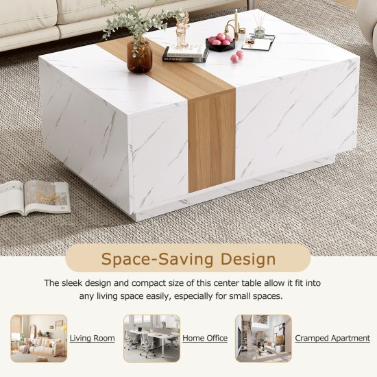 ON-TREND Modern 35.4 x 23.6 Inch Two-tone Coffee Table with Faux Marble and Walnut Wood Grain Finish, Rectangular Center Table with 2 Storage Drawers, Practical Cocktail Table for Living Room, White