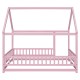 Full Size Floor Wooden Bed with House Roof Frame, Fence Guardrails ,Pink