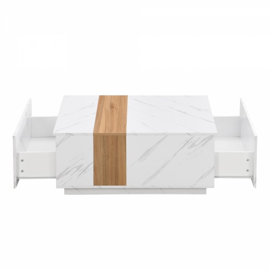 ON-TREND Modern 35.4 x 23.6 Inch Two-tone Coffee Table with Faux Marble and Walnut Wood Grain Finish, Rectangular Center Table with 2 Storage Drawers, Practical Cocktail Table for Living Room, White