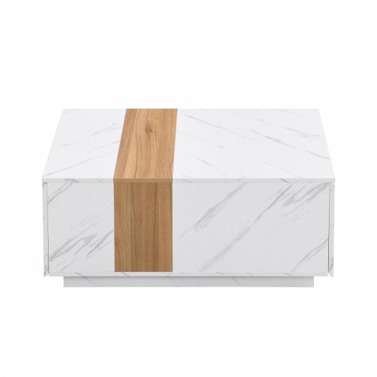 ON-TREND Modern 35.4 x 23.6 Inch Two-tone Coffee Table with Faux Marble and Walnut Wood Grain Finish, Rectangular Center Table with 2 Storage Drawers, Practical Cocktail Table for Living Room, White