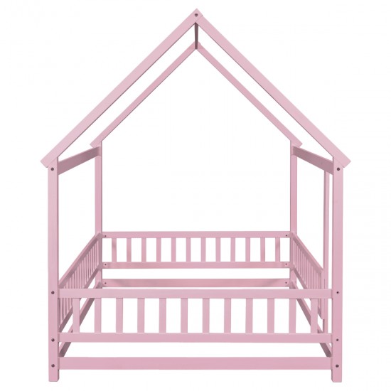 Full Size Floor Wooden Bed with House Roof Frame, Fence Guardrails ,Pink