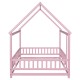 Full Size Floor Wooden Bed with House Roof Frame, Fence Guardrails ,Pink