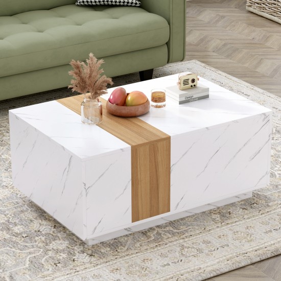 ON-TREND Modern 35.4 x 23.6 Inch Two-tone Coffee Table with Faux Marble and Walnut Wood Grain Finish, Rectangular Center Table with 2 Storage Drawers, Practical Cocktail Table for Living Room, White