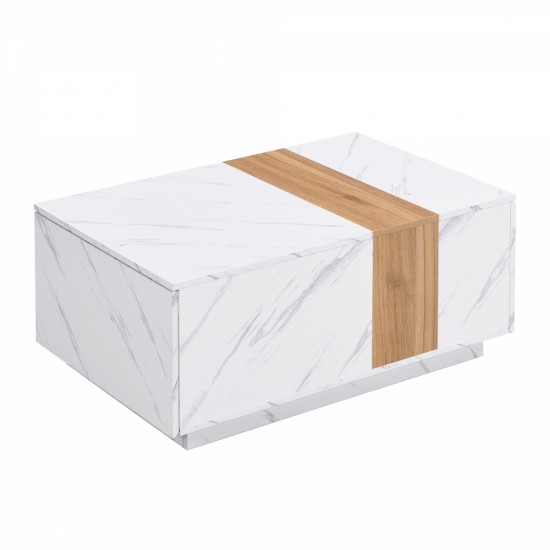 ON-TREND Modern 35.4 x 23.6 Inch Two-tone Coffee Table with Faux Marble and Walnut Wood Grain Finish, Rectangular Center Table with 2 Storage Drawers, Practical Cocktail Table for Living Room, White