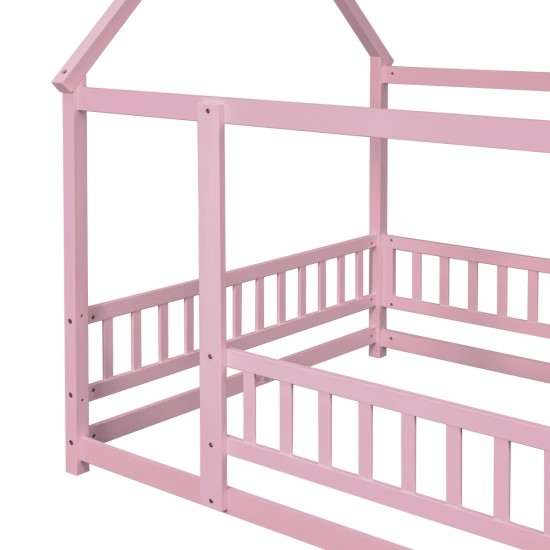 Full Size Floor Wooden Bed with House Roof Frame, Fence Guardrails ,Pink