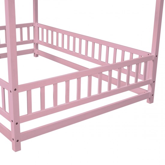 Full Size Floor Wooden Bed with House Roof Frame, Fence Guardrails ,Pink