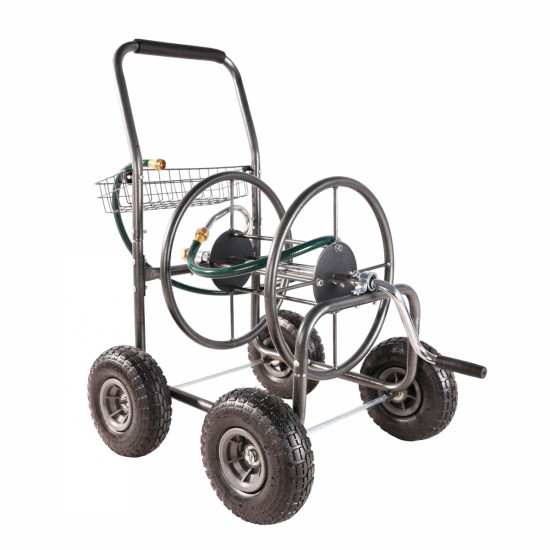 Garden Hose Reel Cart - 4 Wheels Portable Garden Hose Reel Cart with Storage Basket Rust Resistant Heavy Duty Water Hose Holder