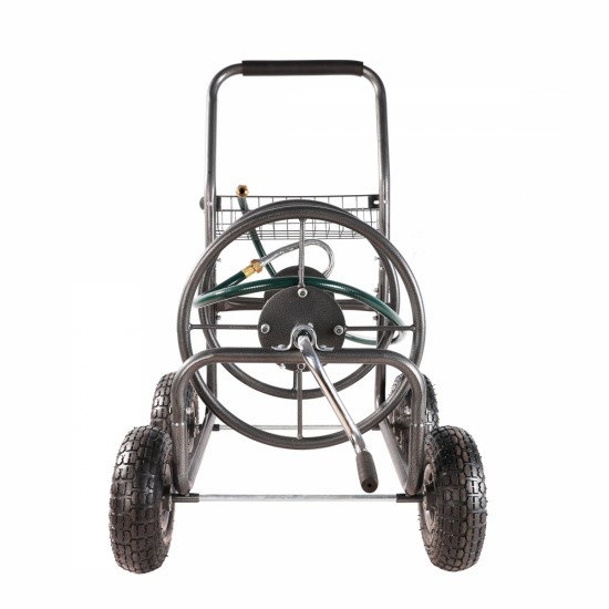 Garden Hose Reel Cart - 4 Wheels Portable Garden Hose Reel Cart with Storage Basket Rust Resistant Heavy Duty Water Hose Holder