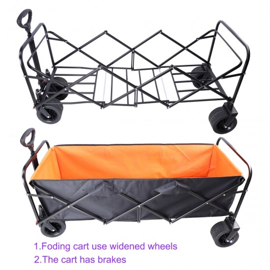 Big large capacity Folding cart Extra Long Extender Wagon Cart Folding Wagon Garden Shopping Beach Cart (black + orange)