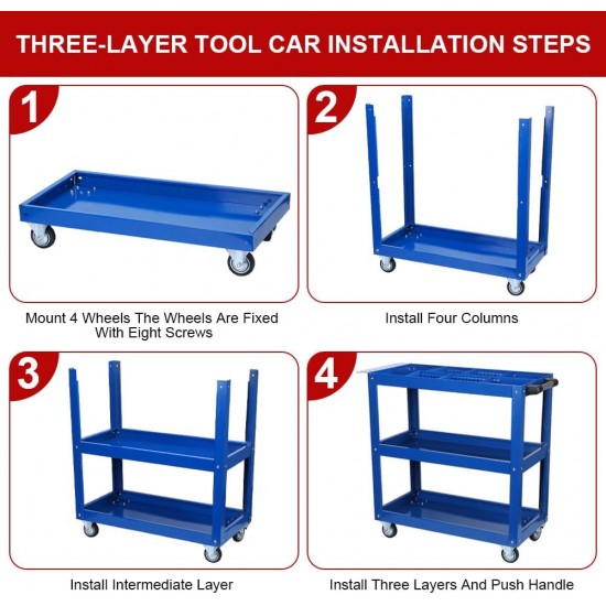 Tool Cart on Wheels, 3 Tier Rolling Mechanic Tool Cart, Heavy Duty Steel Utility Cart w/Lockable Wheels, 450 LBS Capacity Industrial Service Cart for Garage, Warehouse, Workshop (Bright Red)