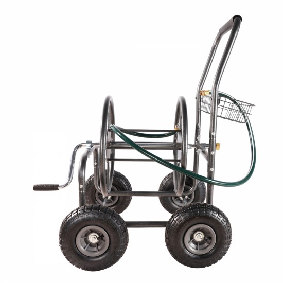 Garden Hose Reel Cart - 4 Wheels Portable Garden Hose Reel Cart with Storage Basket Rust Resistant Heavy Duty Water Hose Holder