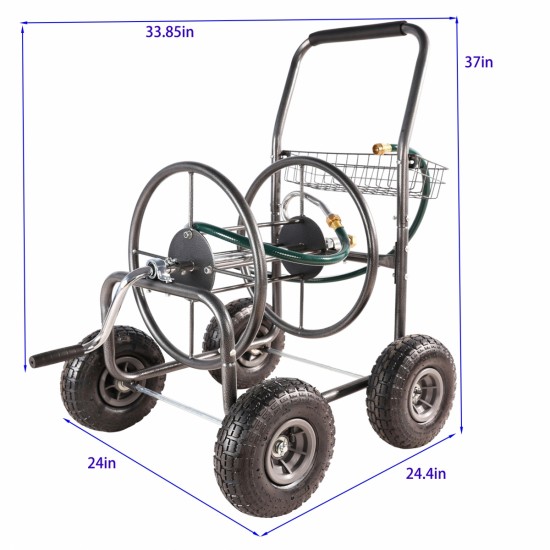 Garden Hose Reel Cart - 4 Wheels Portable Garden Hose Reel Cart with Storage Basket Rust Resistant Heavy Duty Water Hose Holder