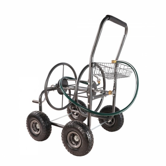 Garden Hose Reel Cart - 4 Wheels Portable Garden Hose Reel Cart with Storage Basket Rust Resistant Heavy Duty Water Hose Holder