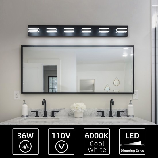 LED Modern Black Vanity Lights, 6-Lights Acrylic Matte Black Bathroom Vanity Lights Over Mirror