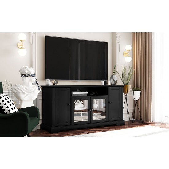 U-Can TV Stand for TV up to 65in with 2 Tempered Glass Doors Adjustable Panels Open Style Cabinet, Sideboard for Living room, Black