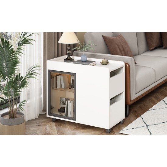 U-Can Modern End Table with LED light and Wheels, Side Table with Transparent Brown Glass Door, 2 Storage Shelves and Drawers for Living Room, White