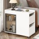 U-Can Modern End Table with LED light and Wheels, Side Table with Transparent Brown Glass Door, 2 Storage Shelves and Drawers for Living Room, White