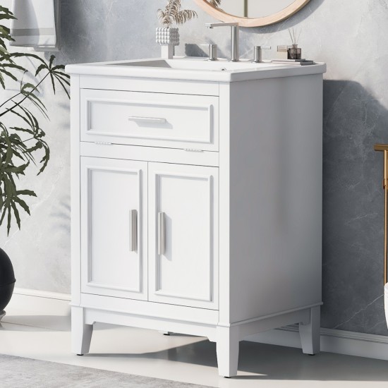 24 Inch Bathroom Vanity with Sink, Bathroom Vanity Cabinet with One Flip Drawer and Doors, Solid Wood and MDF, White