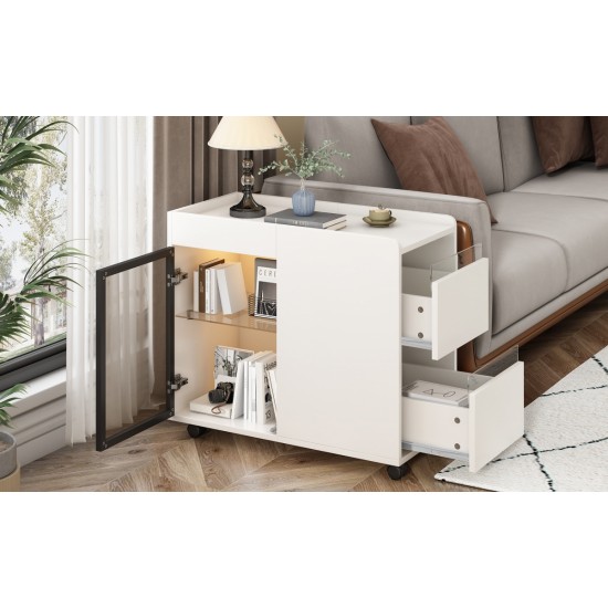 U-Can Modern End Table with LED light and Wheels, Side Table with Transparent Brown Glass Door, 2 Storage Shelves and Drawers for Living Room, White