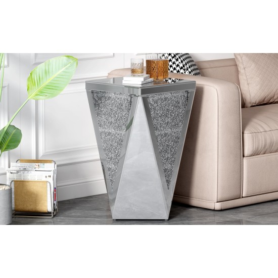 U-Can 13.8'' Silver Square Mirrored End Table, Modern Side Table with Crushed Diamond for Living Room, No Assembly Required