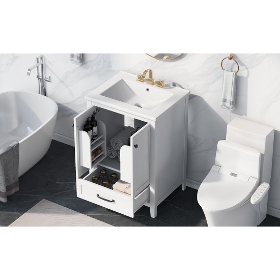 24 Inch Bathroom Vanity with Sink, Bathroom Vanity Cabinet with One Drawer and Doors, Solid Wood and MDF, White