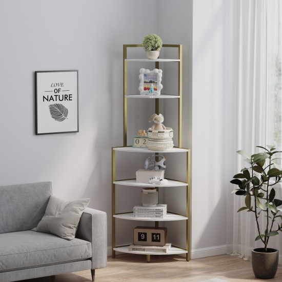 6-Tier Corner Open Shelf Modern Bookcase Wood Rack Freestanding Shelving Unit,Plant Album Trinket Sturdy Stand Small Bookshelf Space-Saving for Living Room Home Office Kitchen Small Space Rustic Brown