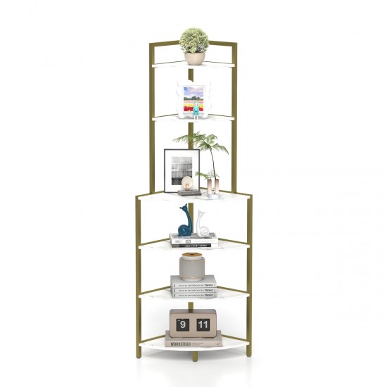 6-Tier Corner Open Shelf Modern Bookcase Wood Rack Freestanding Shelving Unit,Plant Album Trinket Sturdy Stand Small Bookshelf Space-Saving for Living Room Home Office Kitchen Small Space Rustic Brown