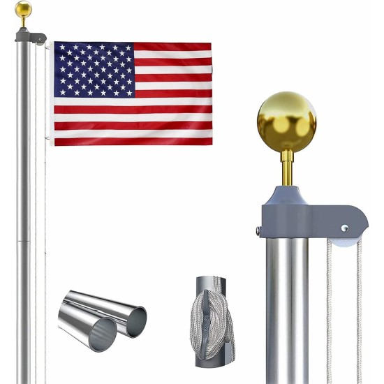 20FT American Flag Pole, gold ball ornament, 4 stainless steel clips, 45ft polypropylene halyard, PVC sleeve