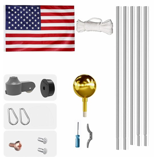 20FT American Flag Pole, gold ball ornament, 4 stainless steel clips, 45ft polypropylene halyard, PVC sleeve