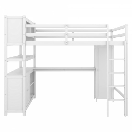 Wood Loft Bed with Cabinet and Bookshelf, Full Size Loft with Wardrobe and Desk for Kids,White (Expect Arrival Date 2024/8/25)