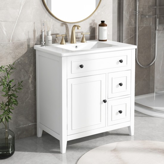 30 Inch Bathroom Vanity with Sink Top, Bathroom Vanity Cabinet with Door and Two Drawers, Solid Wood Frame, One Package, White (Old Sku:WF311620AAK)