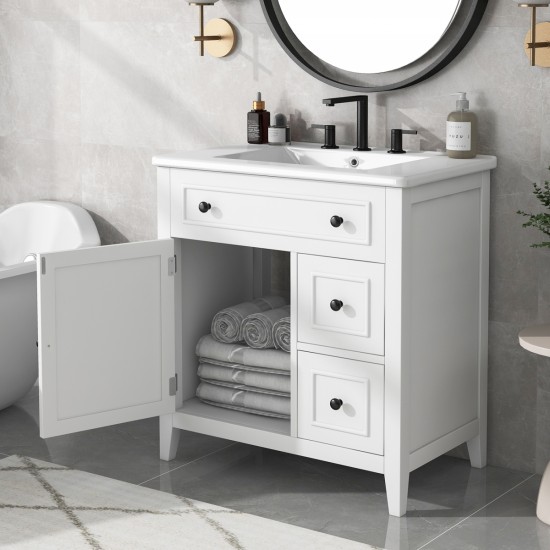 30 Inch Bathroom Vanity with Sink Top, Bathroom Vanity Cabinet with Door and Two Drawers, Solid Wood Frame, One Package, White (Old Sku:WF311620AAK)