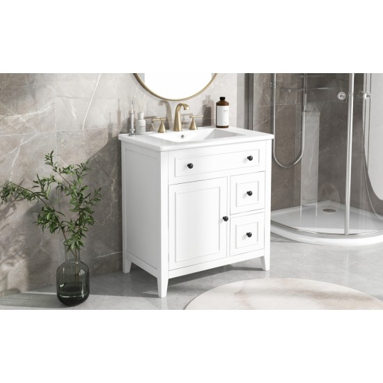 30 Inch Bathroom Vanity with Sink Top, Bathroom Vanity Cabinet with Door and Two Drawers, Solid Wood Frame, One Package, White (Old Sku:WF311620AAK)