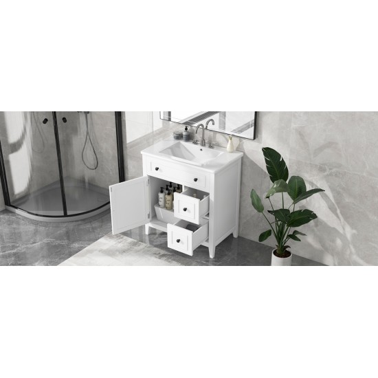 30 Inch Bathroom Vanity with Sink Top, Bathroom Vanity Cabinet with Door and Two Drawers, Solid Wood Frame, One Package, White (Old Sku:WF311620AAK)