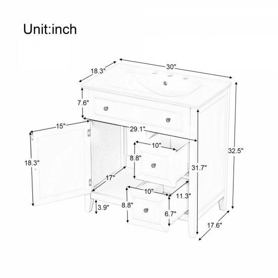 30 Inch Bathroom Vanity with Sink Top, Bathroom Vanity Cabinet with Door and Two Drawers, Solid Wood Frame, One Package, White (Old Sku:WF311620AAK)