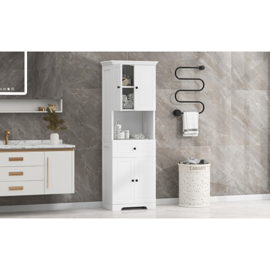 Tall Bathroom Cabinet with Four Doors, Large Storage Space Open Shelve, Upper Storage Cabinet, White