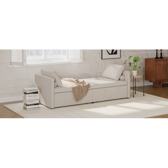 Modern Upholstered Chaise Lounger Daybed Small Single Daybed with 2 Drawers, No Mattress Needed, Perfect For Living Rooms & Home Office, Linen Fabric, Beige