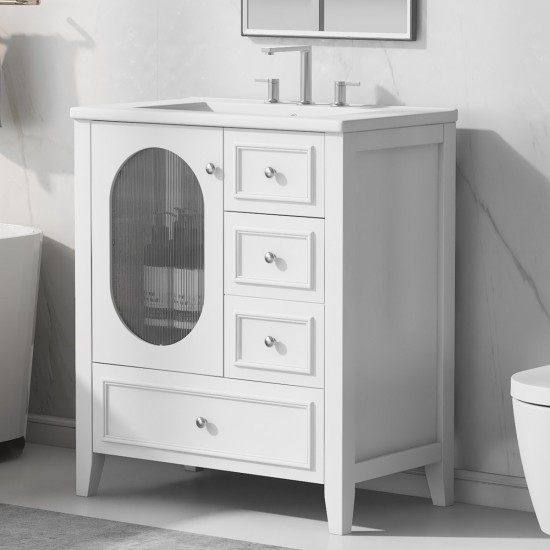 30 Inch Bathroom Vanity with Sink, Bathroom Vanity Cabinet with Three Drawers and Door, Solid Wood and MDF, White