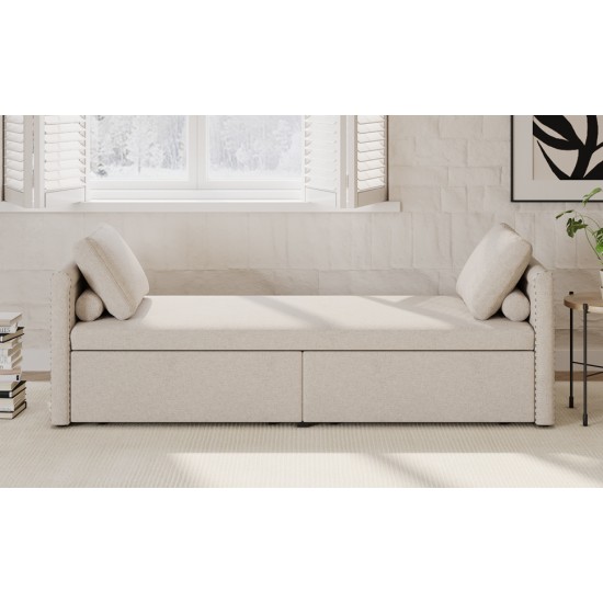 Modern Upholstered Chaise Lounger Daybed Small Single Daybed with 2 Drawers, No Mattress Needed, Perfect For Living Rooms & Home Office, Linen Fabric, Beige