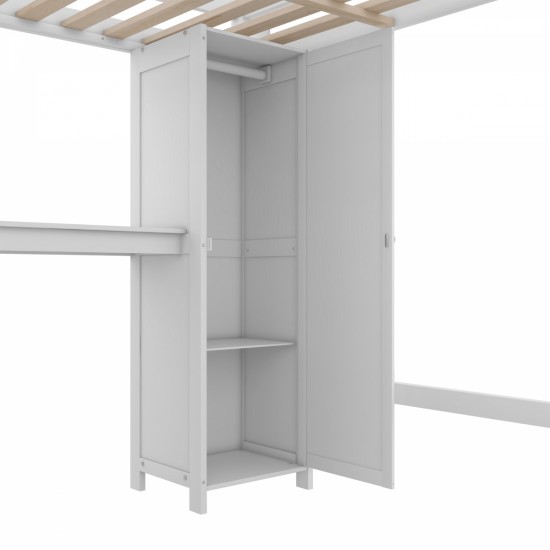 Wood Loft Bed with Cabinet and Bookshelf, Full Size Loft with Wardrobe and Desk for Kids,White (Expect Arrival Date 2024/8/25)