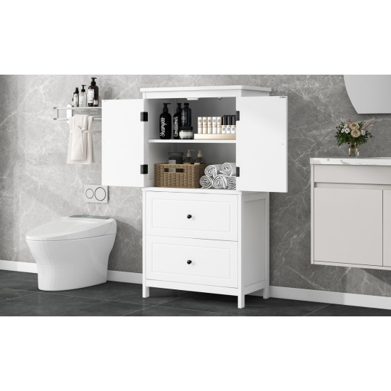 Bathroom Storage Cabinet, Cabinet with Two Doors and Drawers, Adjustable Shelf, MDF Board, White