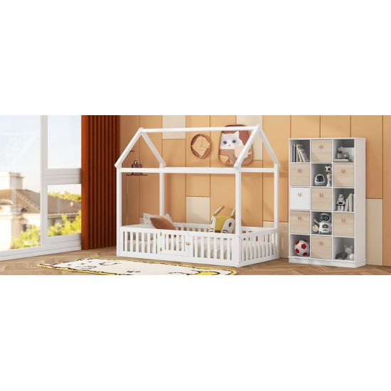 Twin Size Wood House Bed with Fence and Door, White(Old SKU: WF303131AAK)