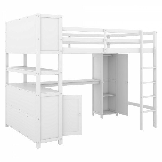 Wood Loft Bed with Cabinet and Bookshelf, Full Size Loft with Wardrobe and Desk for Kids,White (Expect Arrival Date 2024/8/25)