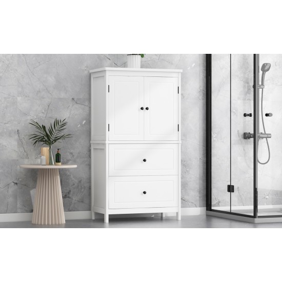 Bathroom Storage Cabinet, Cabinet with Two Doors and Drawers, Adjustable Shelf, MDF Board, White