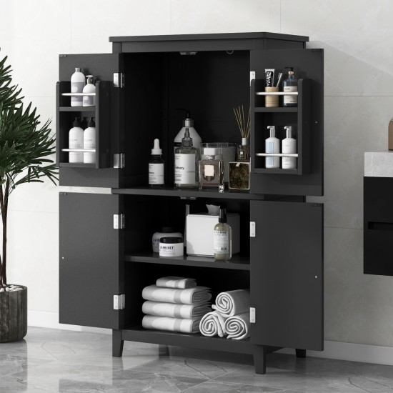 Elegant Bathroom Floor Storage Cabinet, Bathroom Storage Unit, Freestanding Cabinet with 4 Doors, Adjustable Shelves, Adaptable Shelves, Black