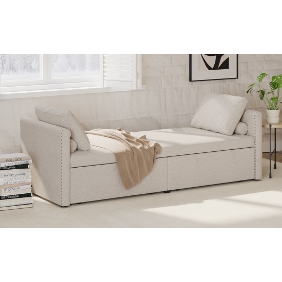 Modern Upholstered Chaise Lounger Daybed Small Single Daybed with 2 Drawers, No Mattress Needed, Perfect For Living Rooms & Home Office, Linen Fabric, Beige