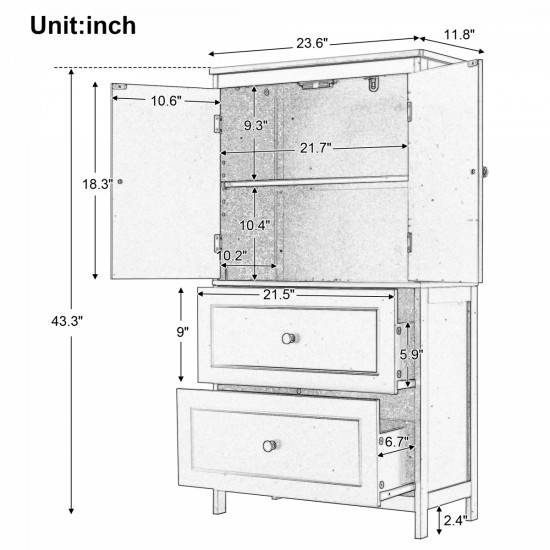 Bathroom Storage Cabinet, Cabinet with Two Doors and Drawers, Adjustable Shelf, MDF Board, White